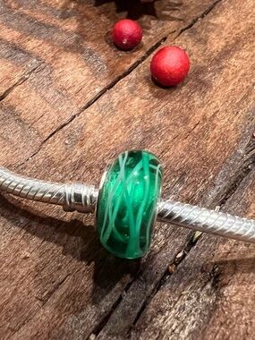 Authentic Chamilia Charm Green Murano Stripped With Sterling Silver Core